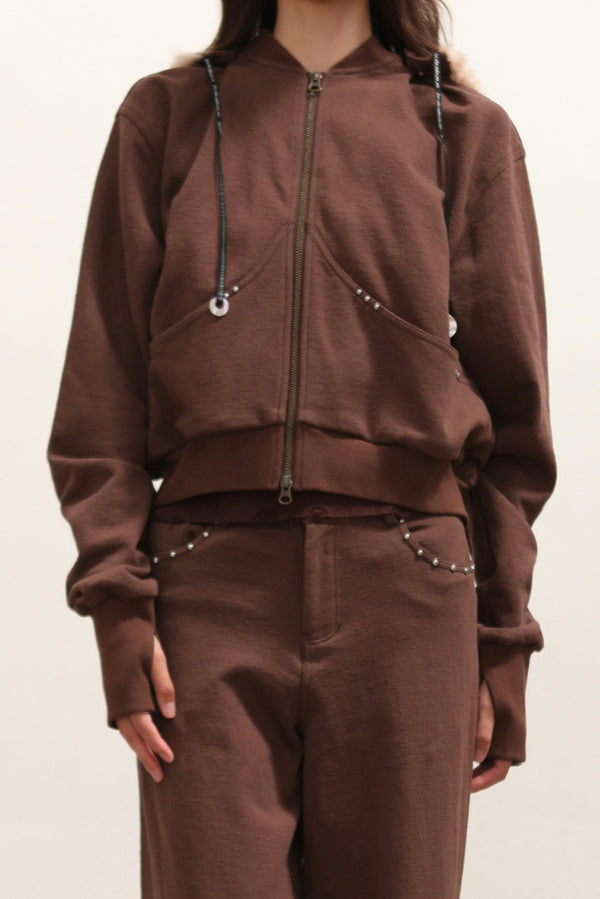 RUI built 25 autumn and winter patchwork detachable hooded short jacket RUI-RAW25WV12-Chocolate